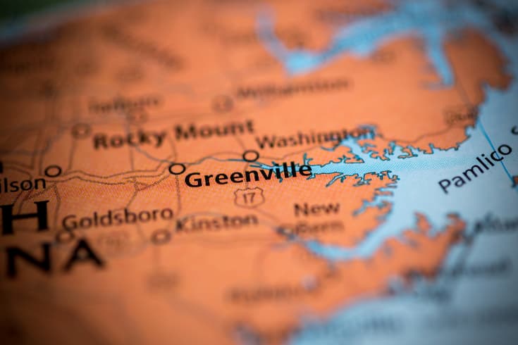 a map zoomed in on greenville, nc